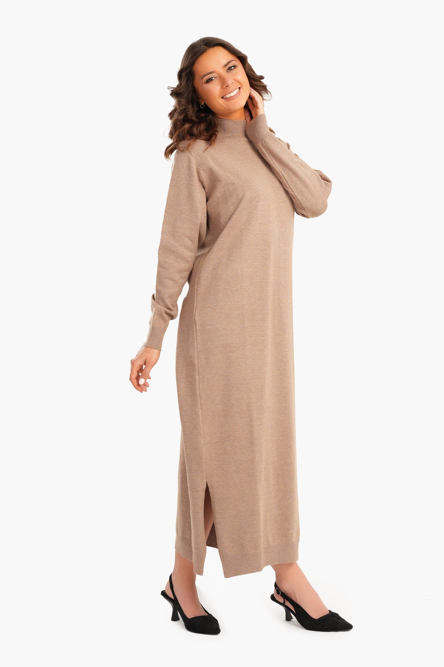 Ribbed High Neck Wool Dress