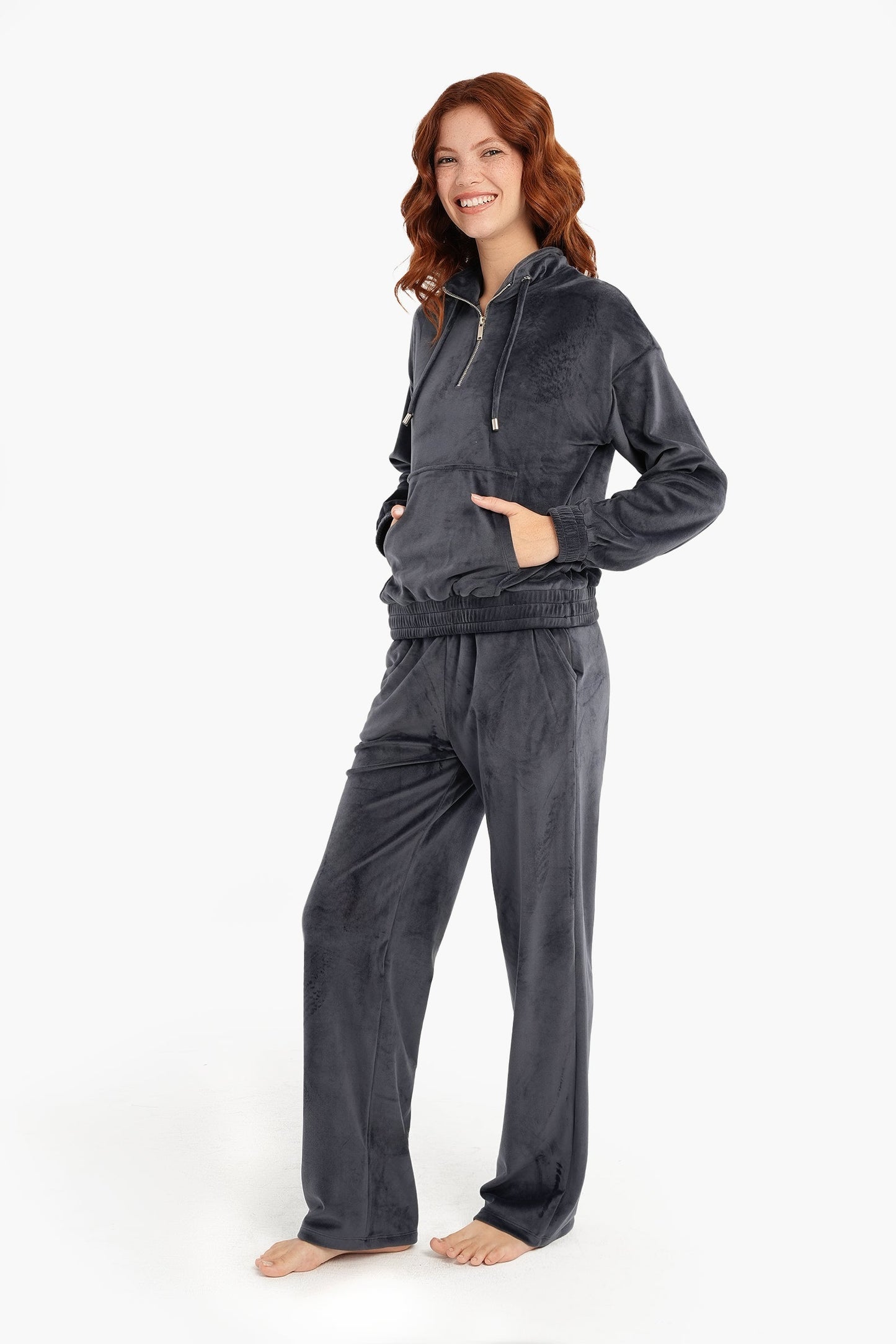 Half Zip Closure Velvet Pyjama Set