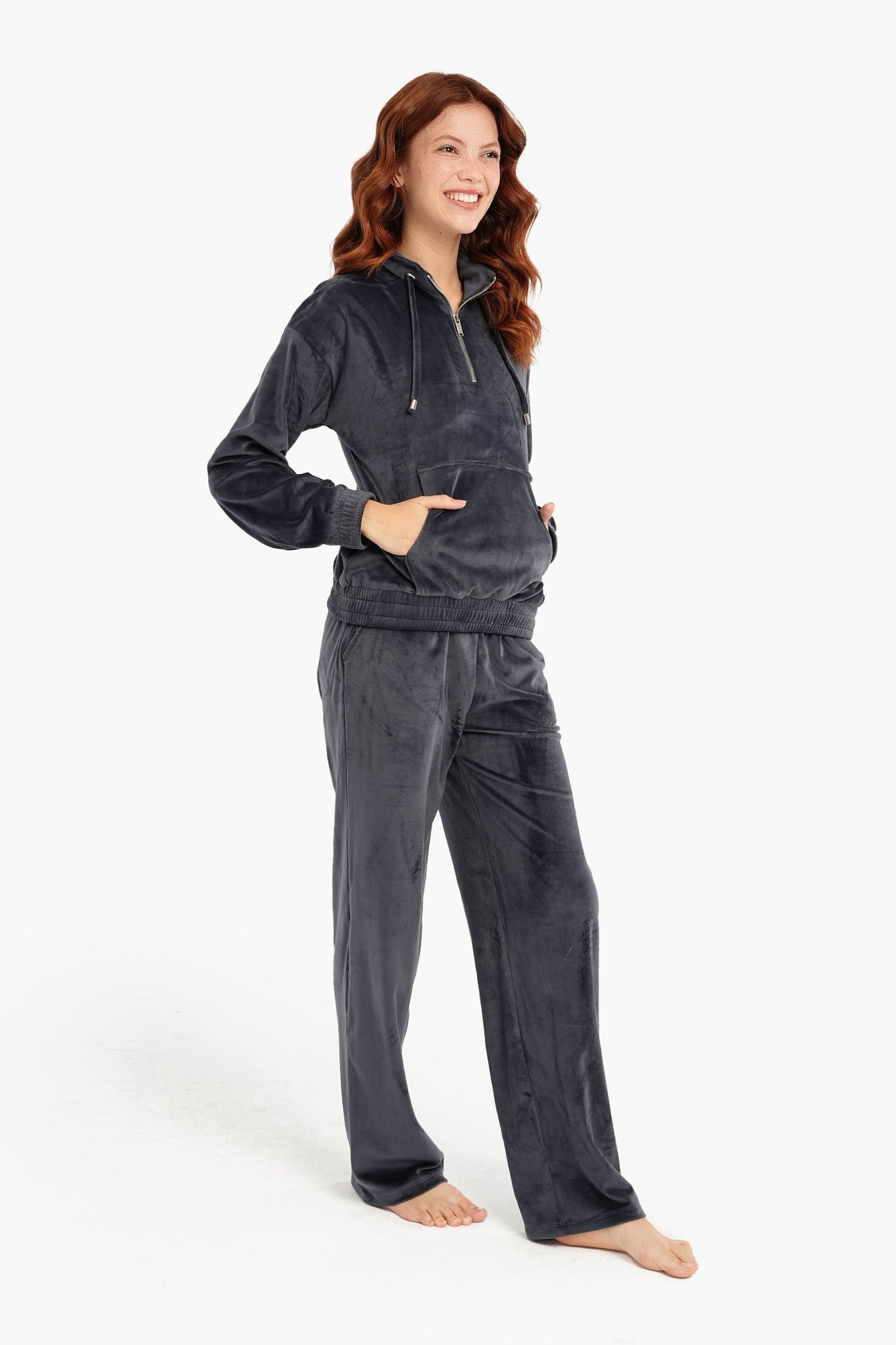 Half Zip Closure Velvet Pyjama Set