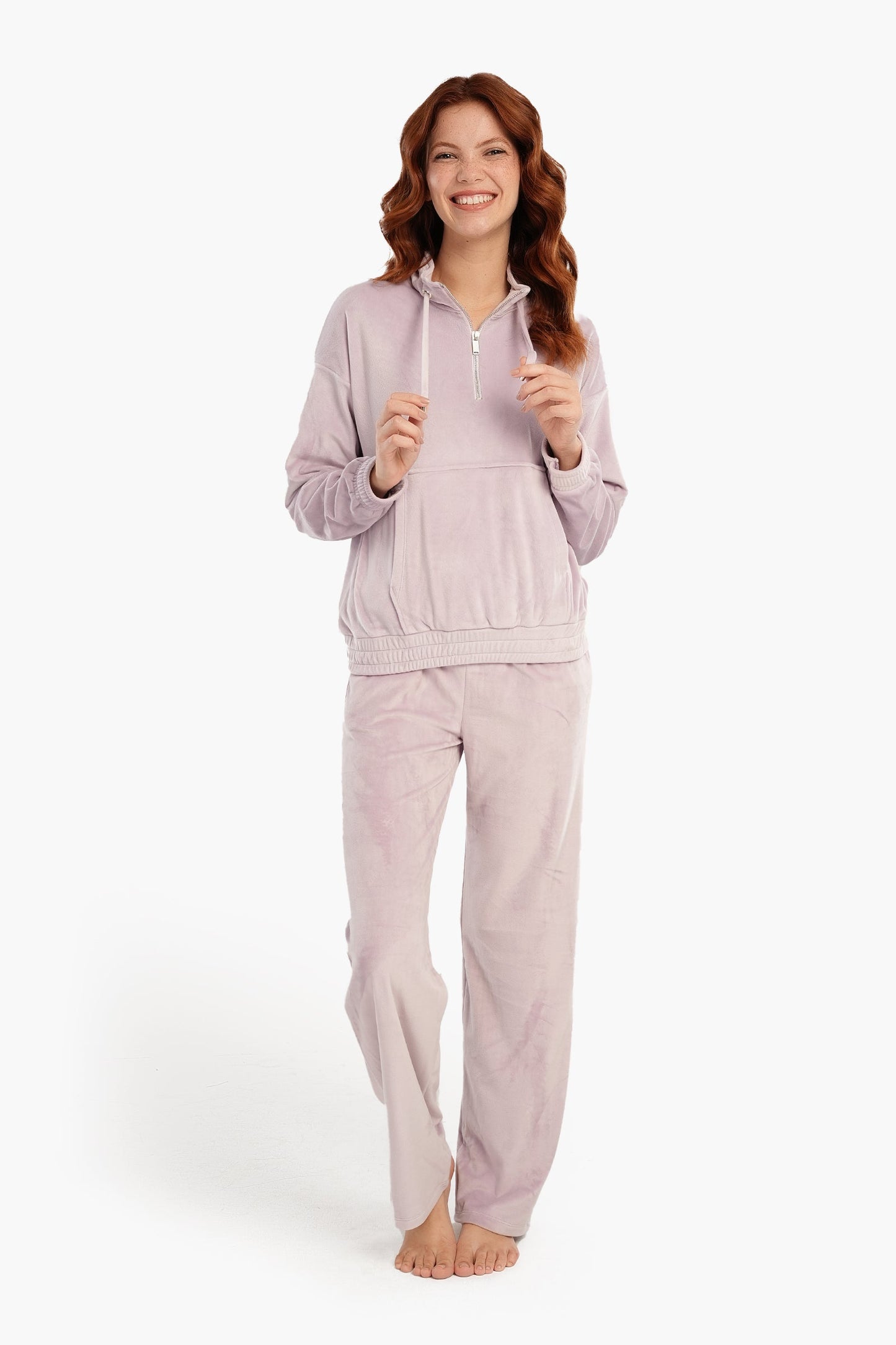 Half Zip Closure Velvet Pyjama Set