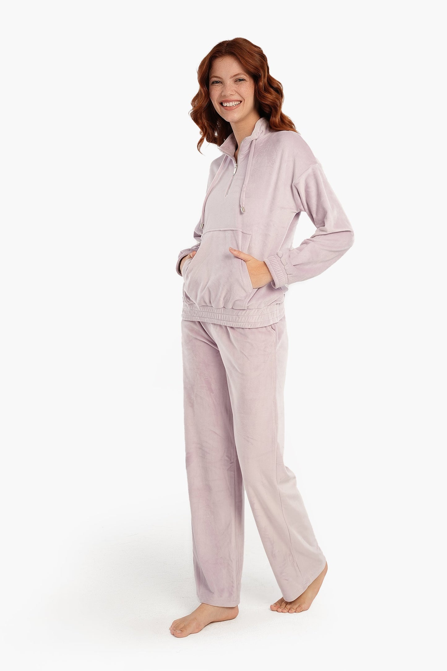 Half Zip Closure Velvet Pyjama Set