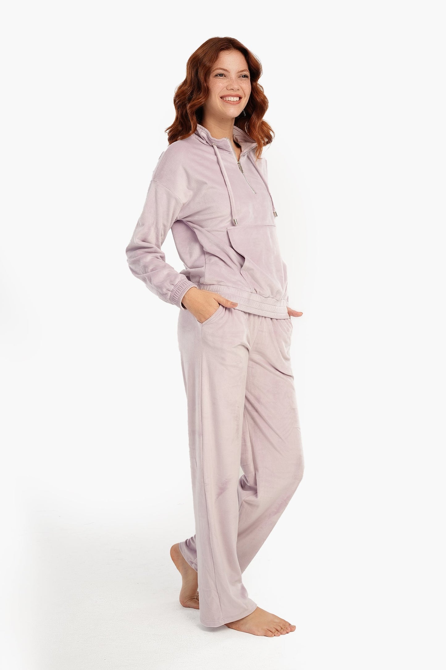 Half Zip Closure Velvet Pyjama Set