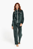 Olive High Neck Velvet Piping Pyjama Set