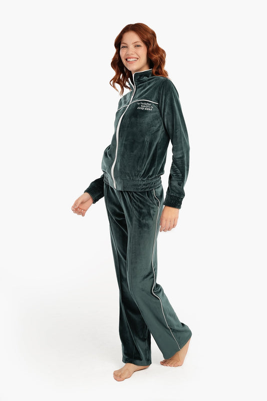 Olive High Neck Velvet Piping Pyjama Set