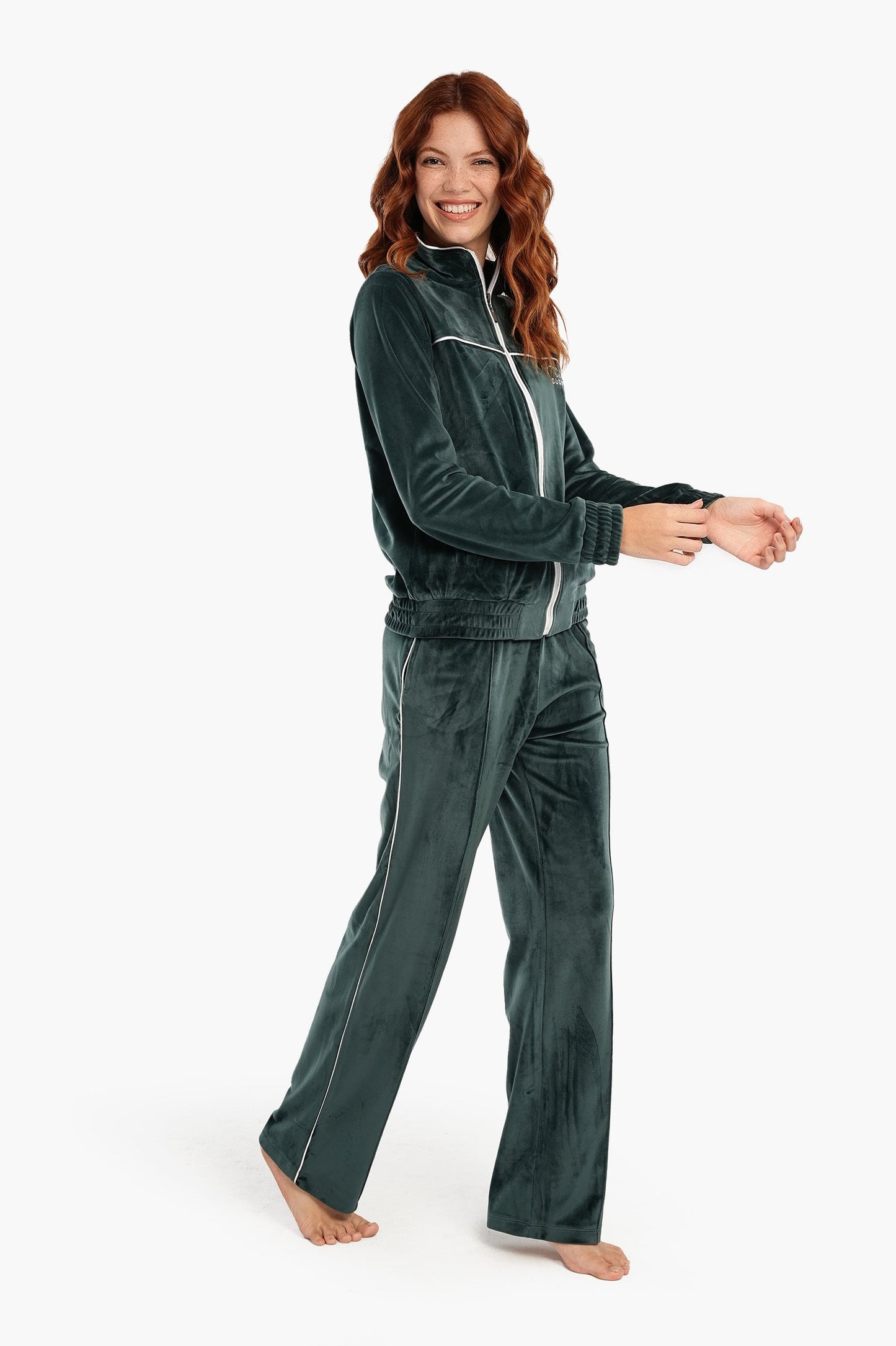 Olive High Neck Velvet Piping Pyjama Set