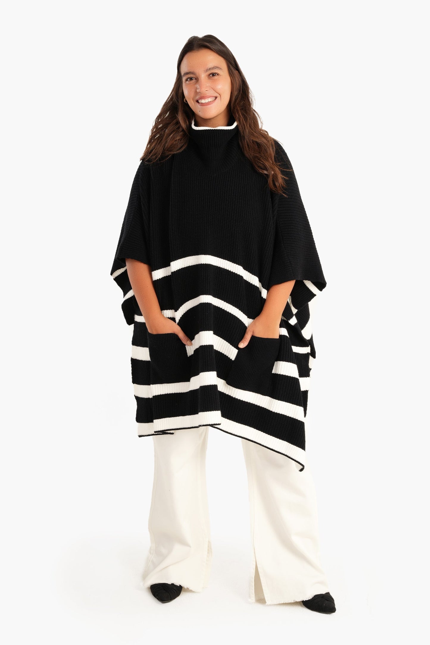 Black Poncho with White Stripes