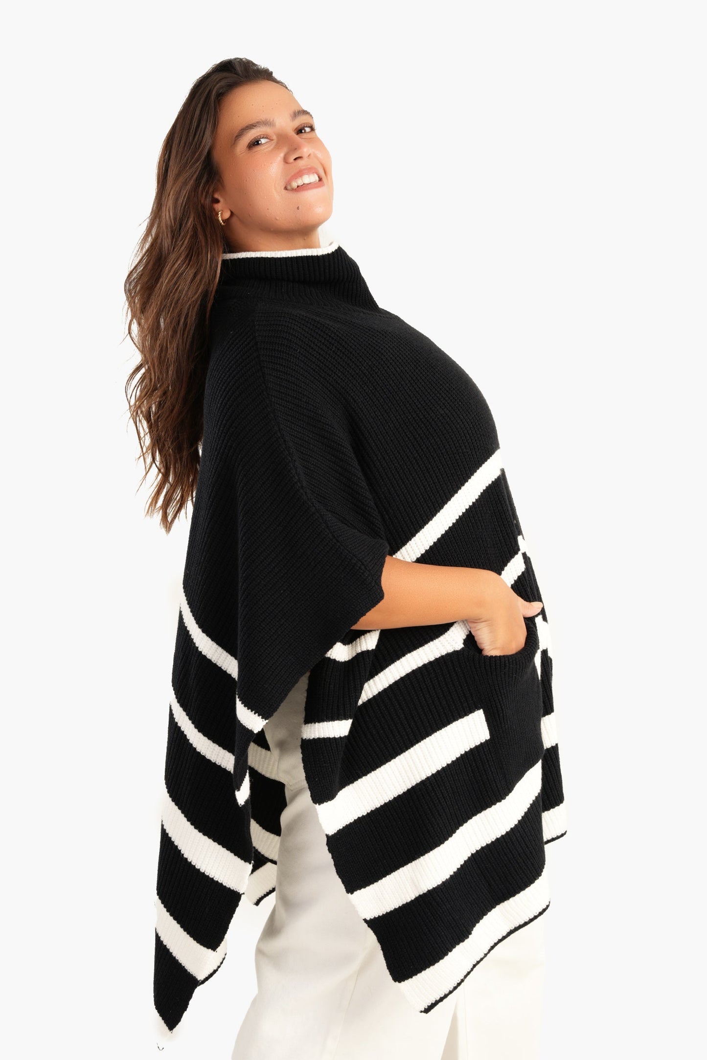 Black Poncho with White Stripes