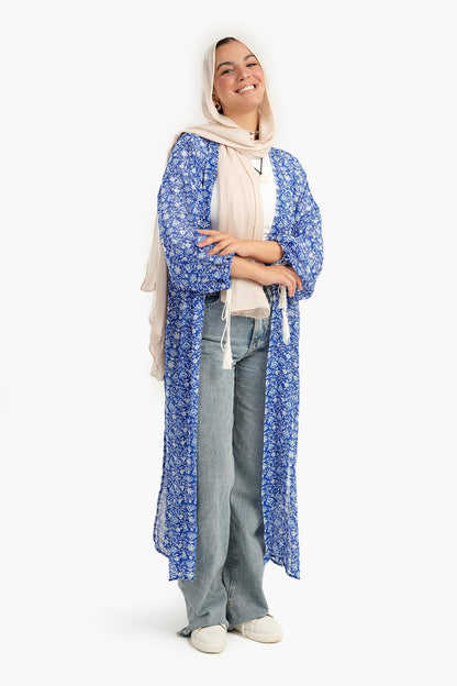 Blue Printed Chiffon Kimono