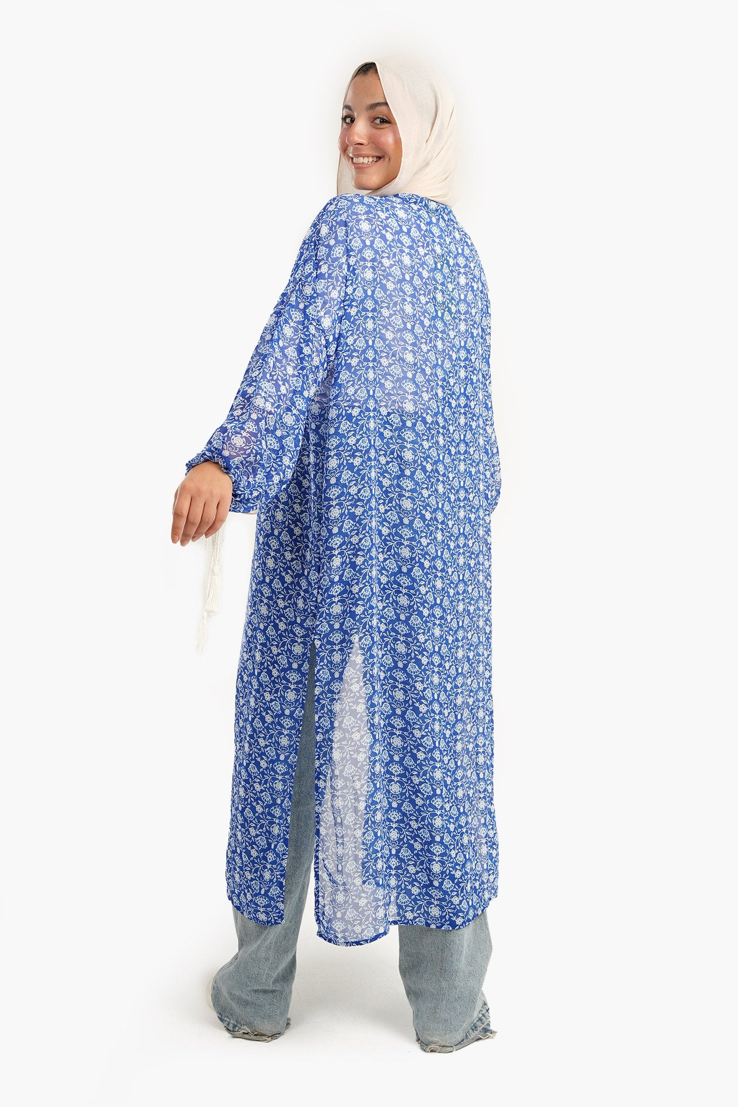 Blue Printed Chiffon Kimono