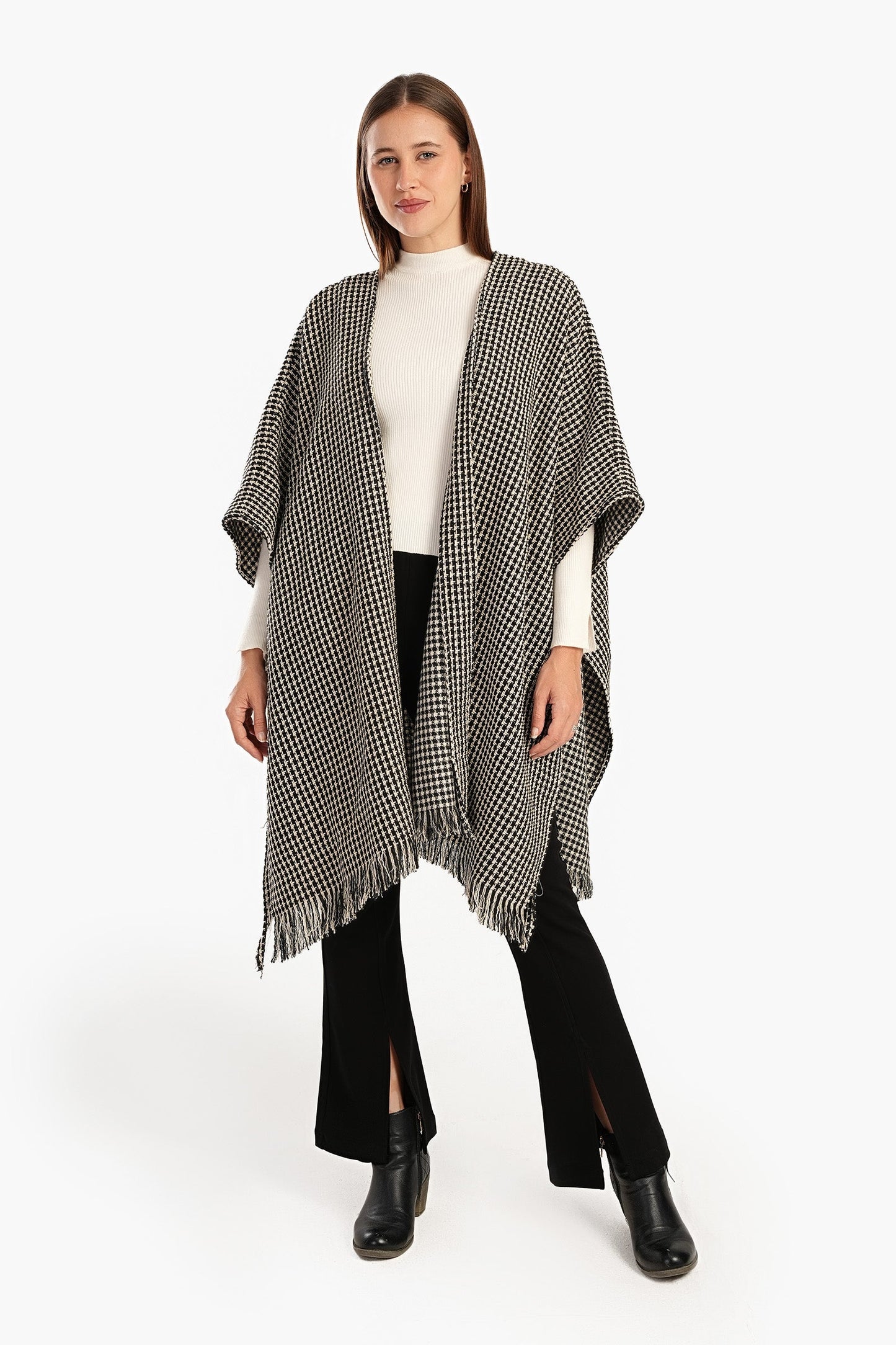 Tweed Open Front Poncho with Fringe