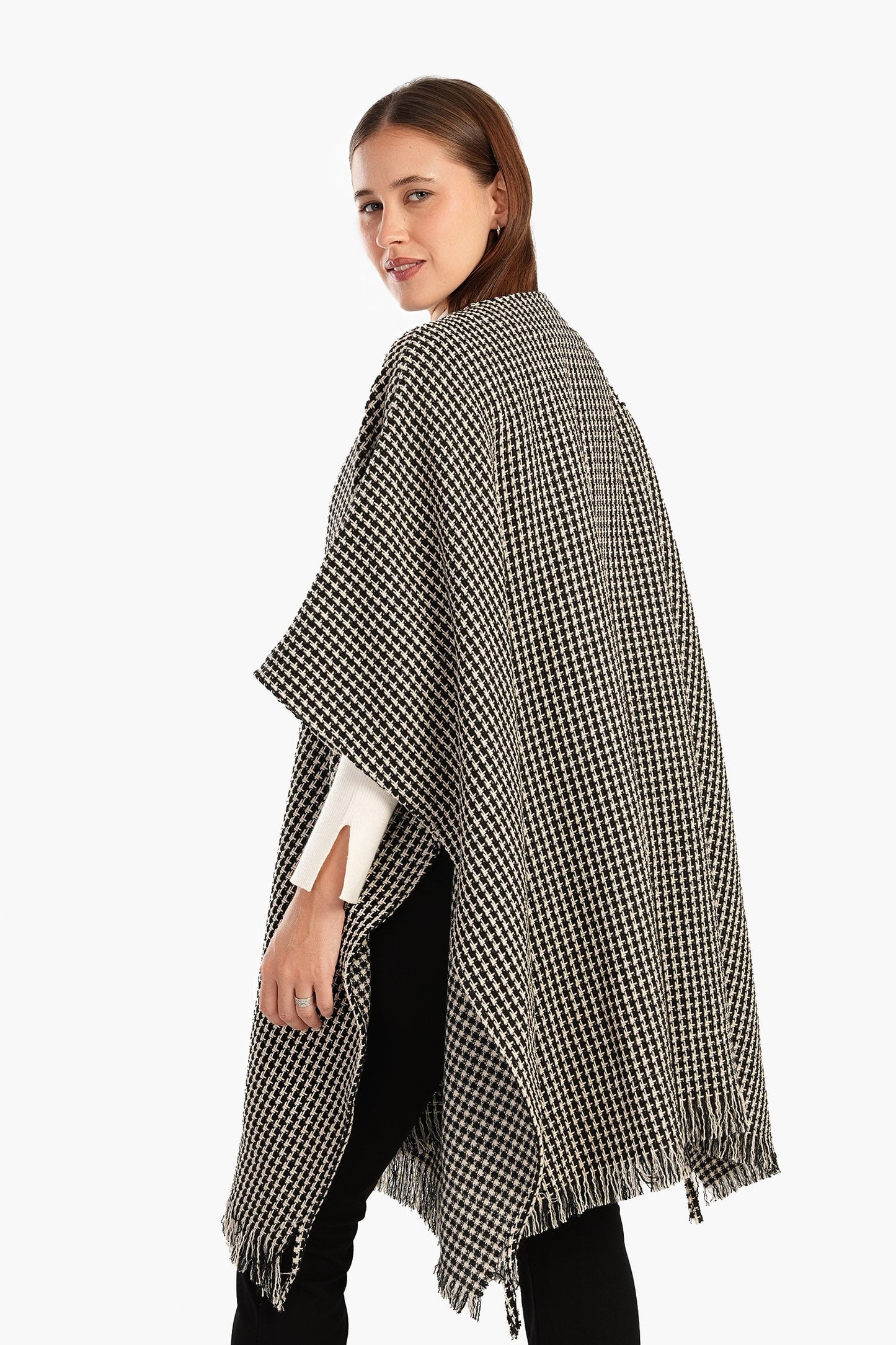 Tweed Open Front Poncho with Fringe