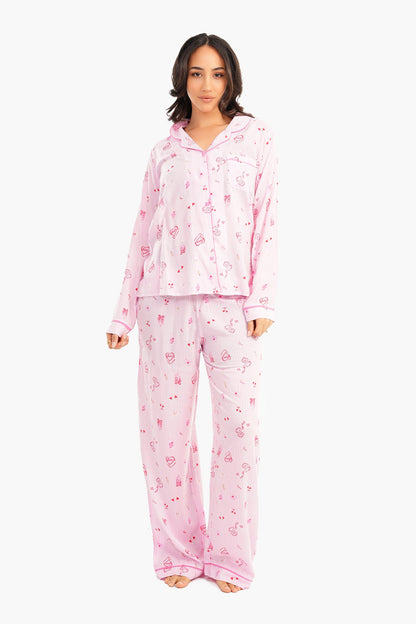 Pink Striped Printed Pyjama Set