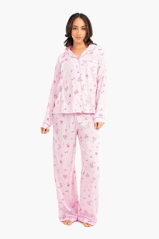 Pink Striped Printed Pyjama Set