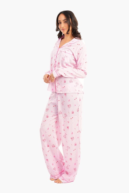 Pink Striped Printed Pyjama Set