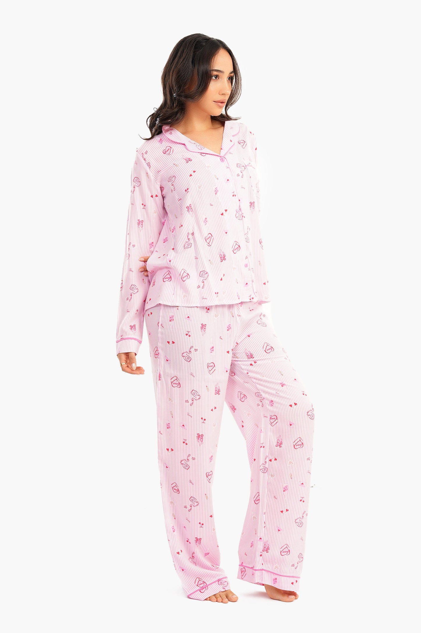 Pink Striped Printed Pyjama Set