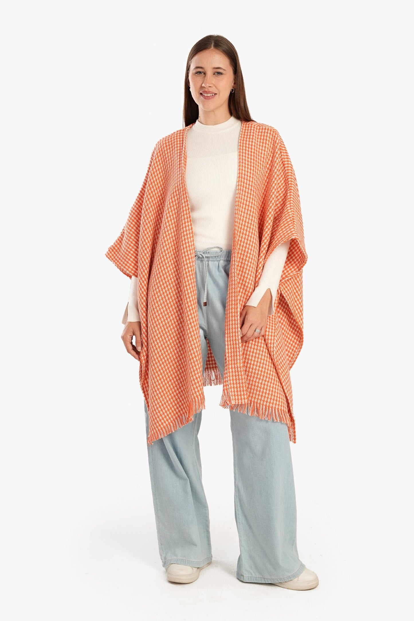 Tweed Open Front Poncho with Fringe