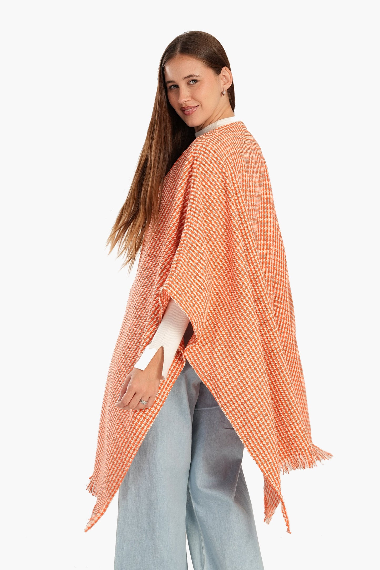 Tweed Open Front Poncho with Fringe