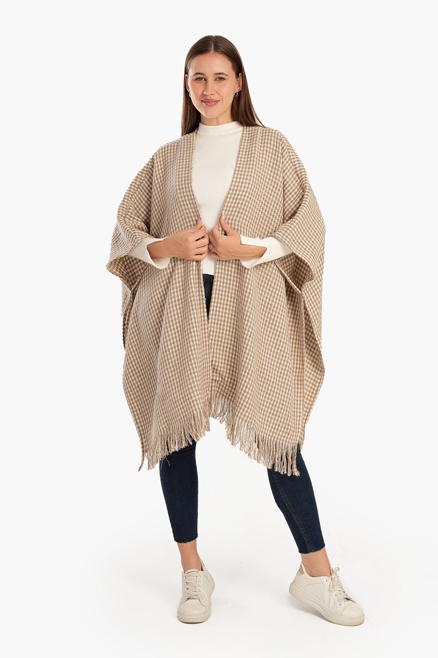 Tweed Open Front Poncho with Fringe