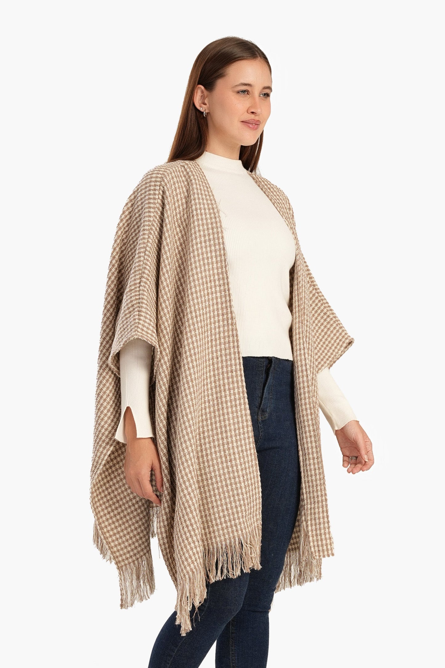 Tweed Open Front Poncho with Fringe