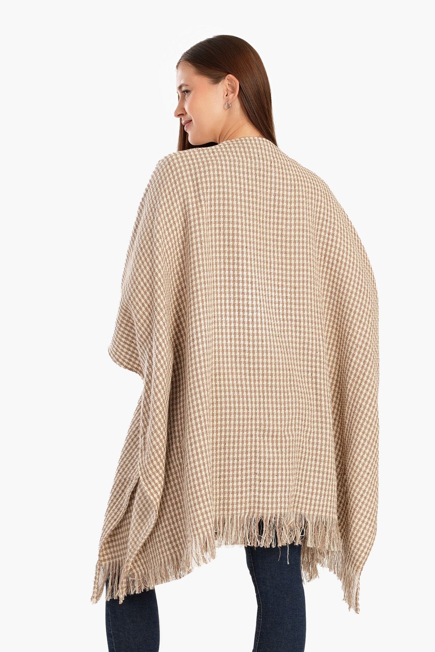 Tweed Open Front Poncho with Fringe