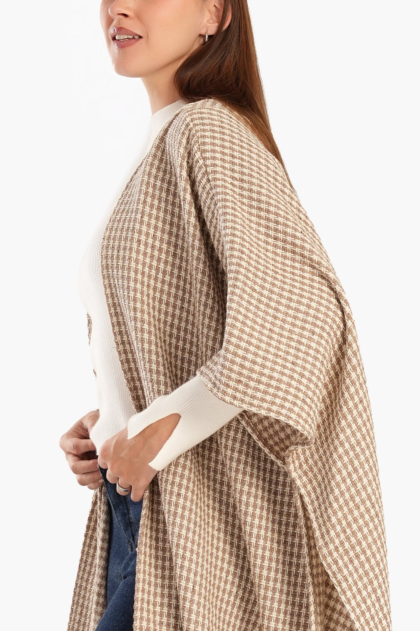 Tweed Open Front Poncho with Fringe