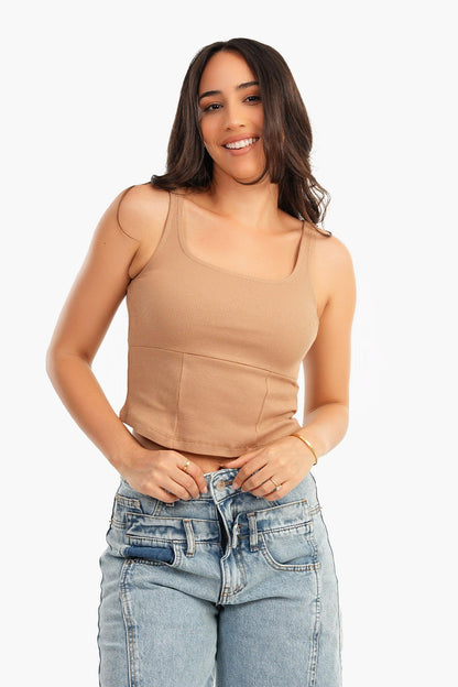 Coffee Cropped Ribbed Top