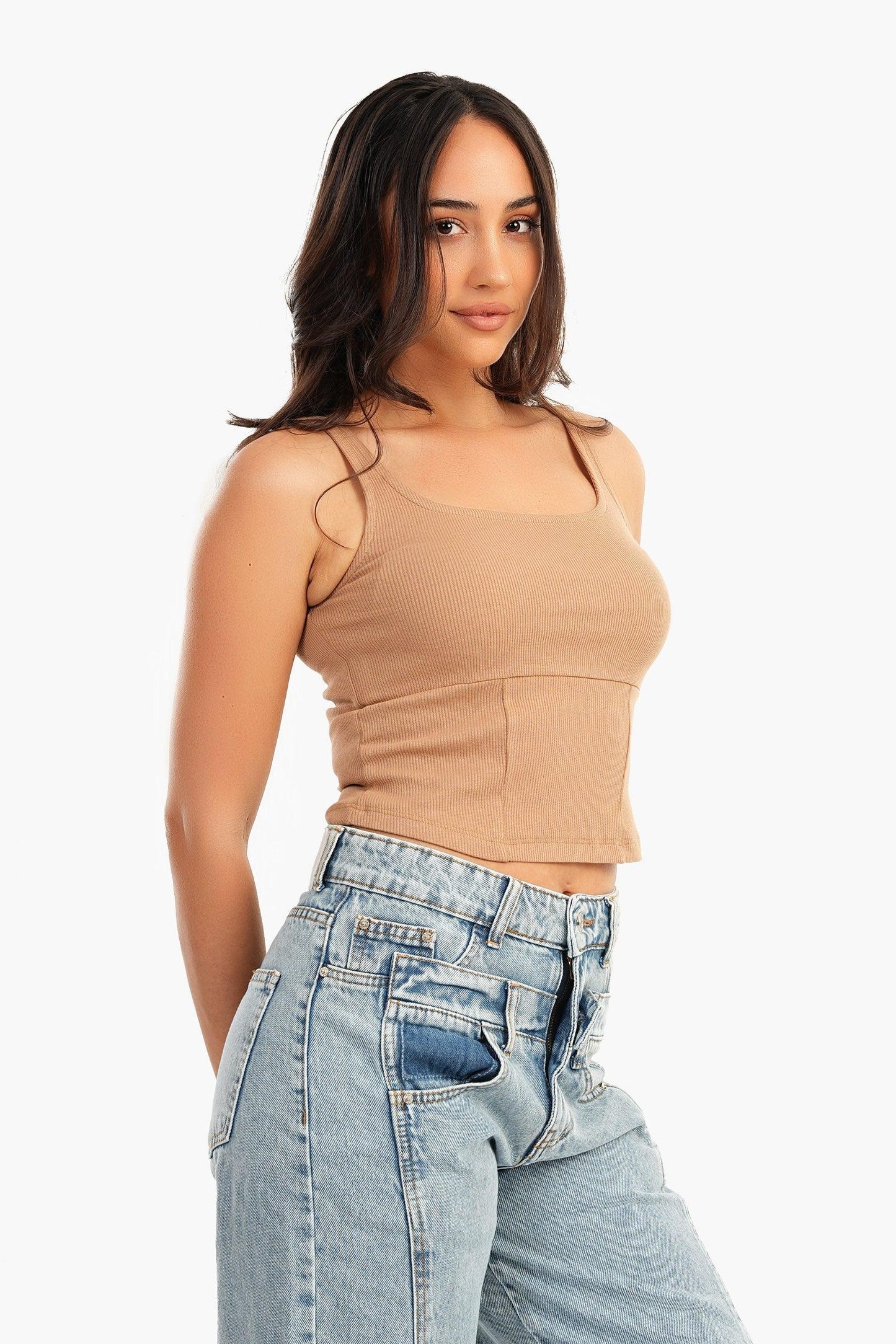 Coffee Cropped Ribbed Top