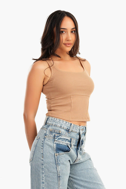 Coffee Cropped Ribbed Top