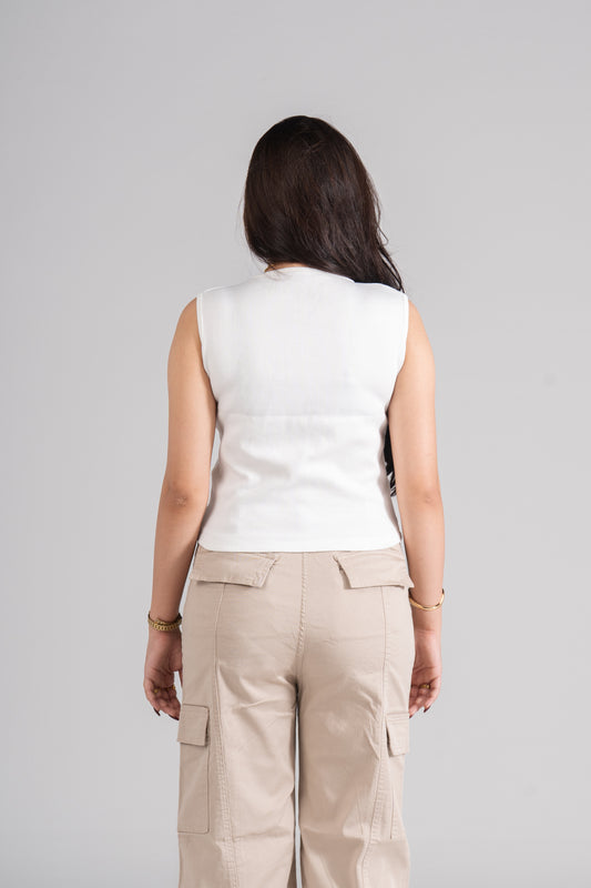 White Crew Neck Ribbed Tank Top
