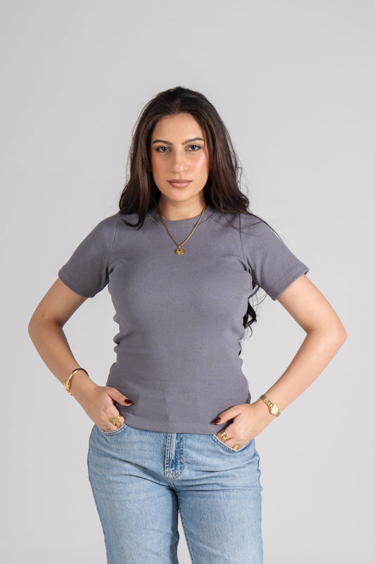 Dark Gray Short Sleeves Ribbed Top