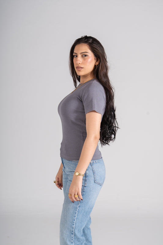 Dark Gray Short Sleeves Ribbed Top