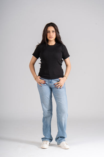 Black Short Sleeves Ribbed Top