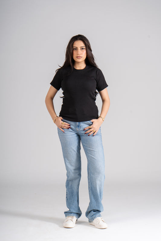 Black Short Sleeves Ribbed Top