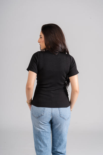 Black Short Sleeves Ribbed Top