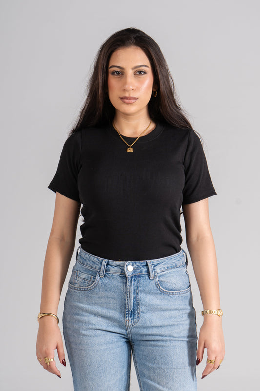 Black Short Sleeves Ribbed Top