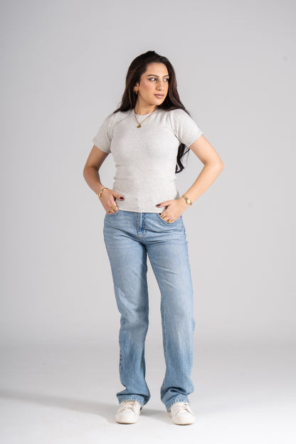 Light Gray Short Sleeves Ribbed Top