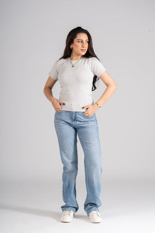 Light Gray Short Sleeves Ribbed Top
