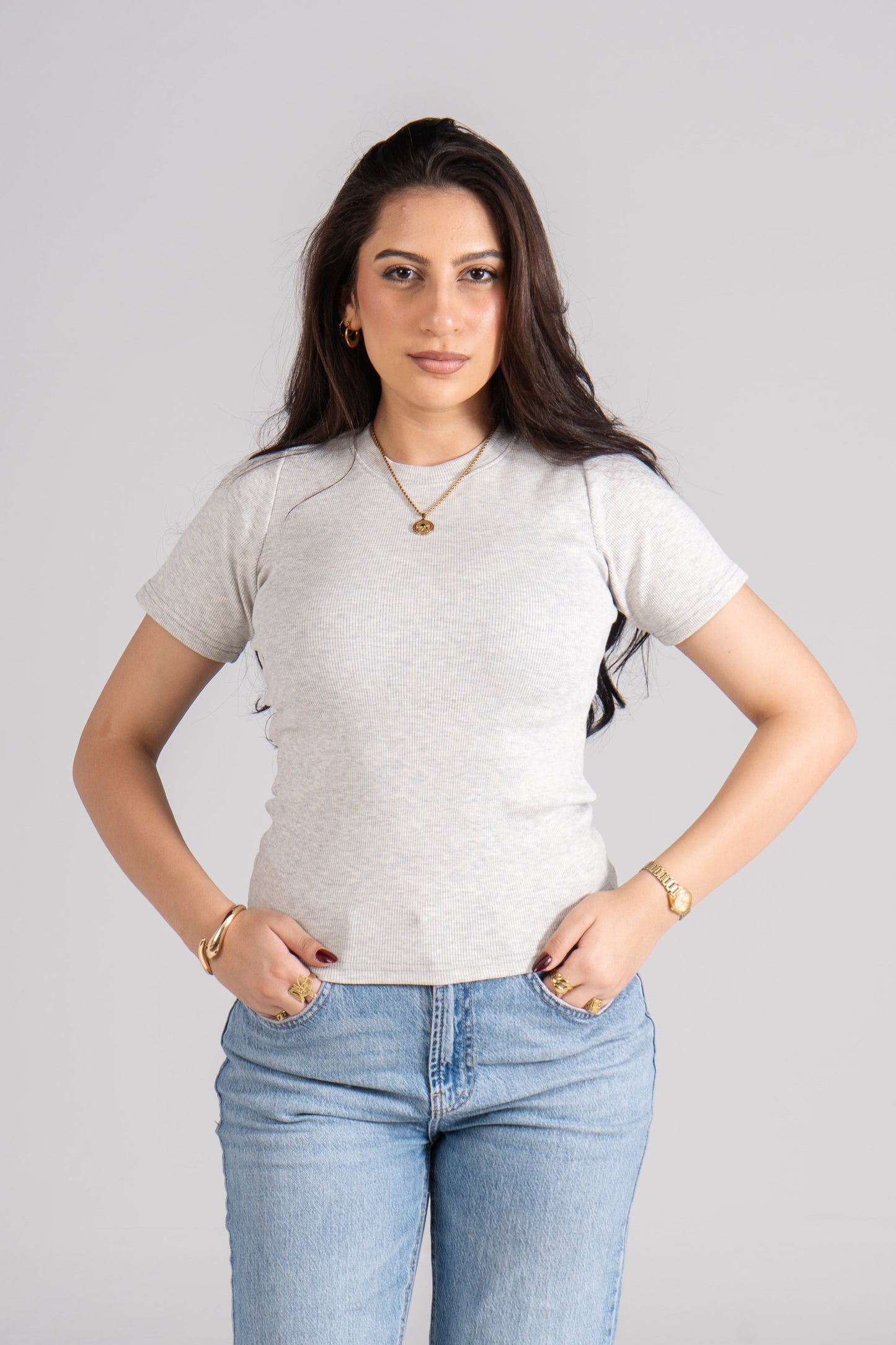 Light Gray Short Sleeves Ribbed Top