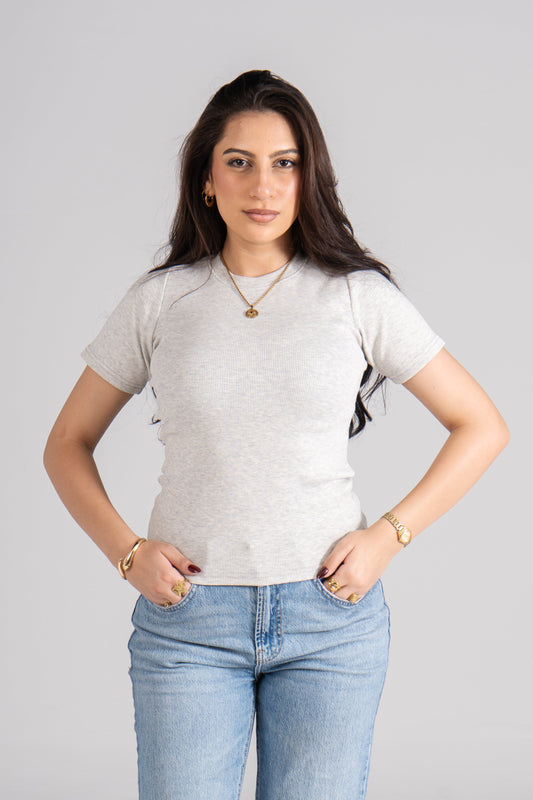 Light Gray Short Sleeves Ribbed Top