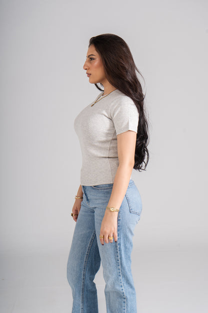 Light Gray Short Sleeves Ribbed Top