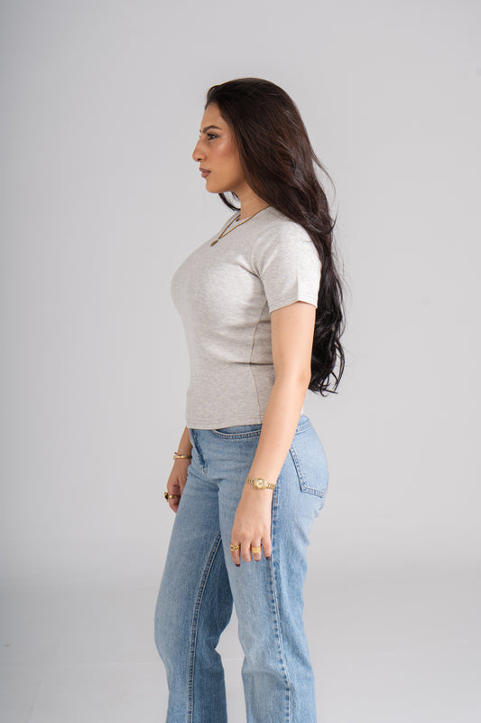 Light Gray Short Sleeves Ribbed Top