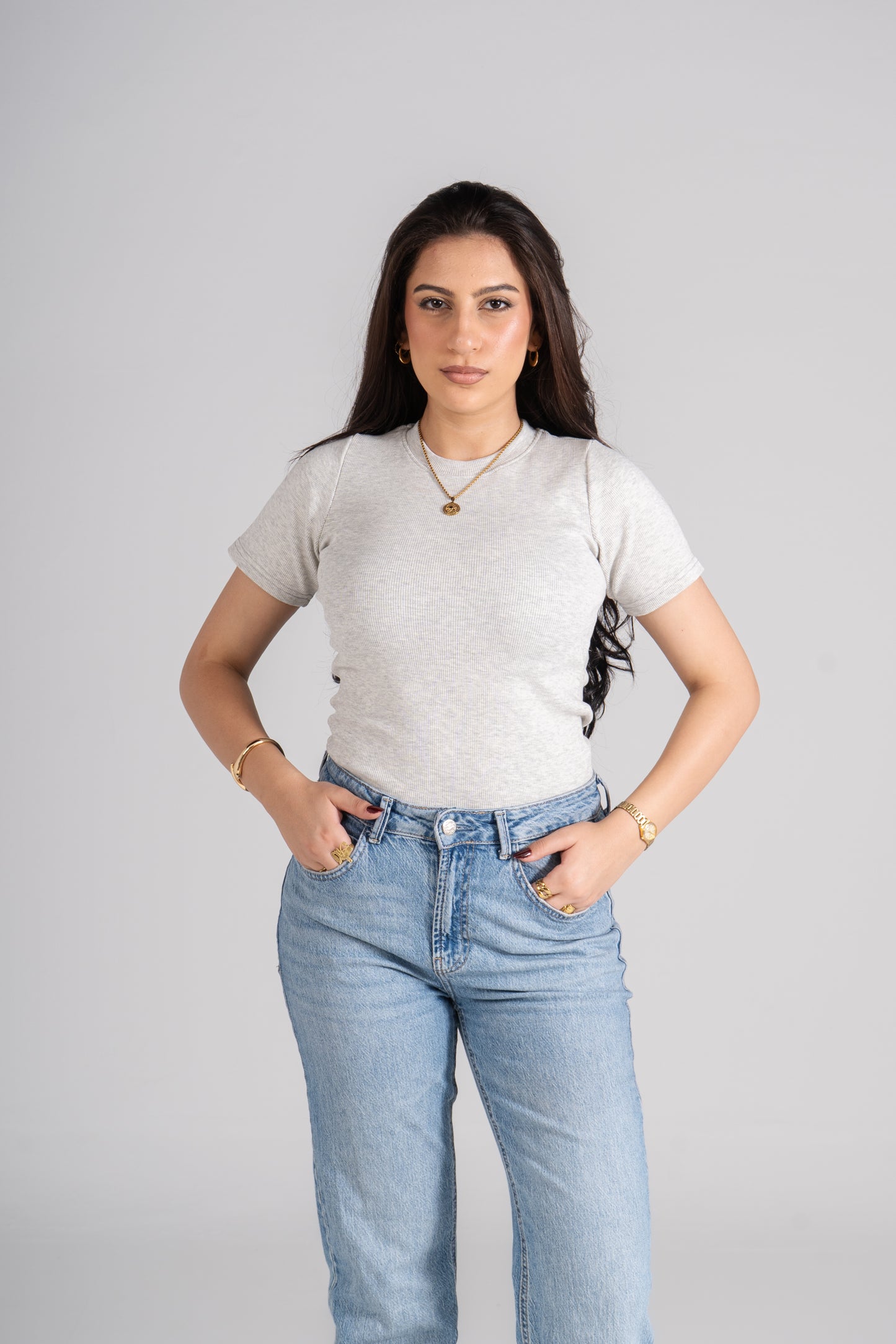 Light Gray Short Sleeves Ribbed Top