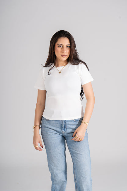 White Short Sleeve Ribbed Top