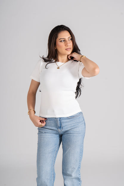 White Short Sleeve Ribbed Top