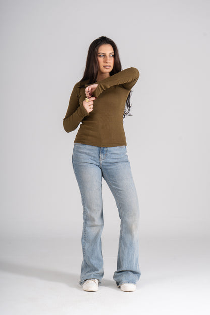 Olive Ribbed Top With Bracelet Slit