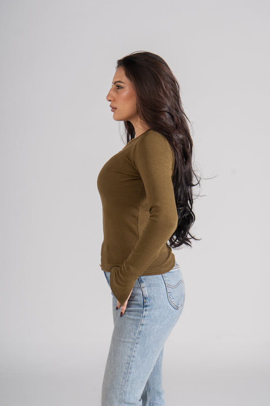 Olive Ribbed Top With Bracelet Slit
