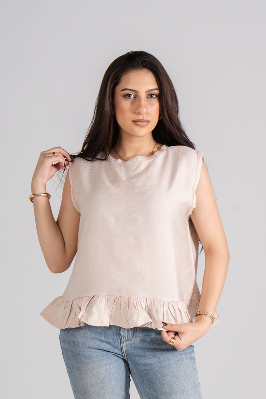 Beige Sleeveless Ruffle Blouse