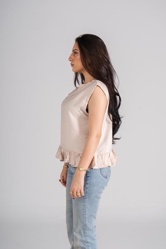 Beige Sleeveless Ruffle Blouse