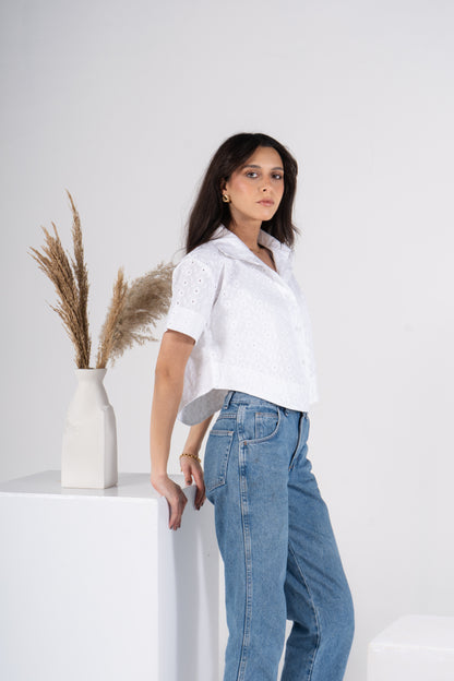 White Half Sleeves Cropped Eyelet Shirt
