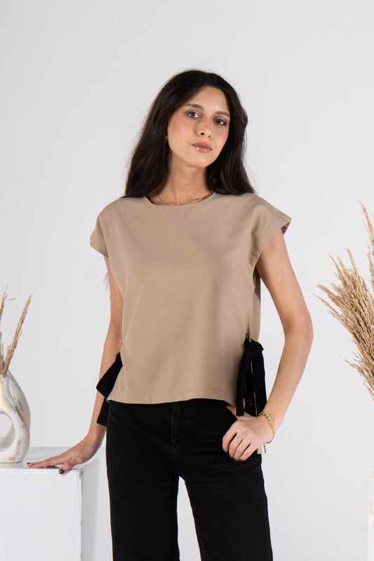 Beige Short Sleeves Linen Blouse With Ribbons